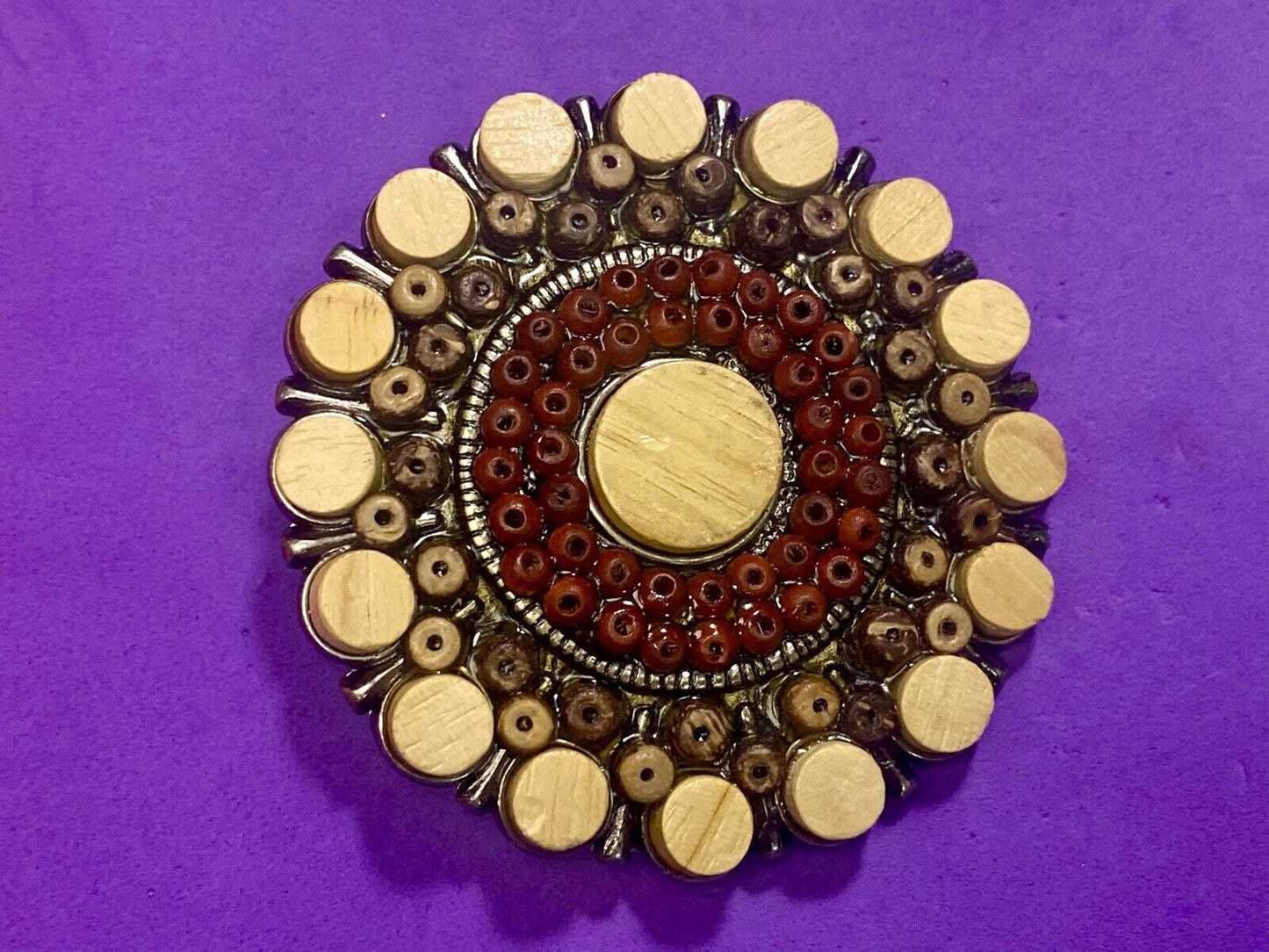 Unique Faux Wood Beads In Circular Pattern Cut Out Belt Buckle 