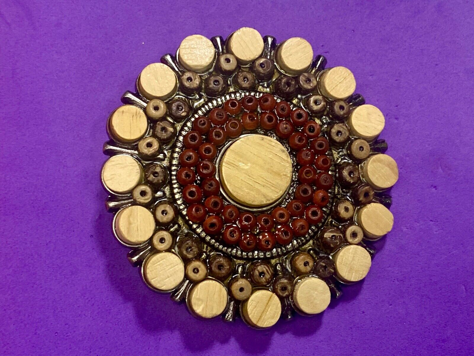 Unique Faux Wood Beads In Circular Pattern Cut Out Belt Buckle 