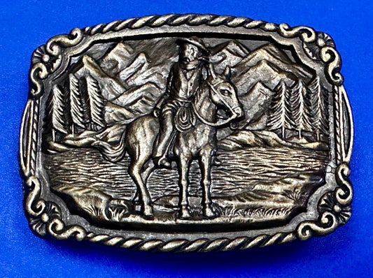 Tall In The Saddle Western Cowboy Leading Wagon Train Vintage ART Belt Buckle