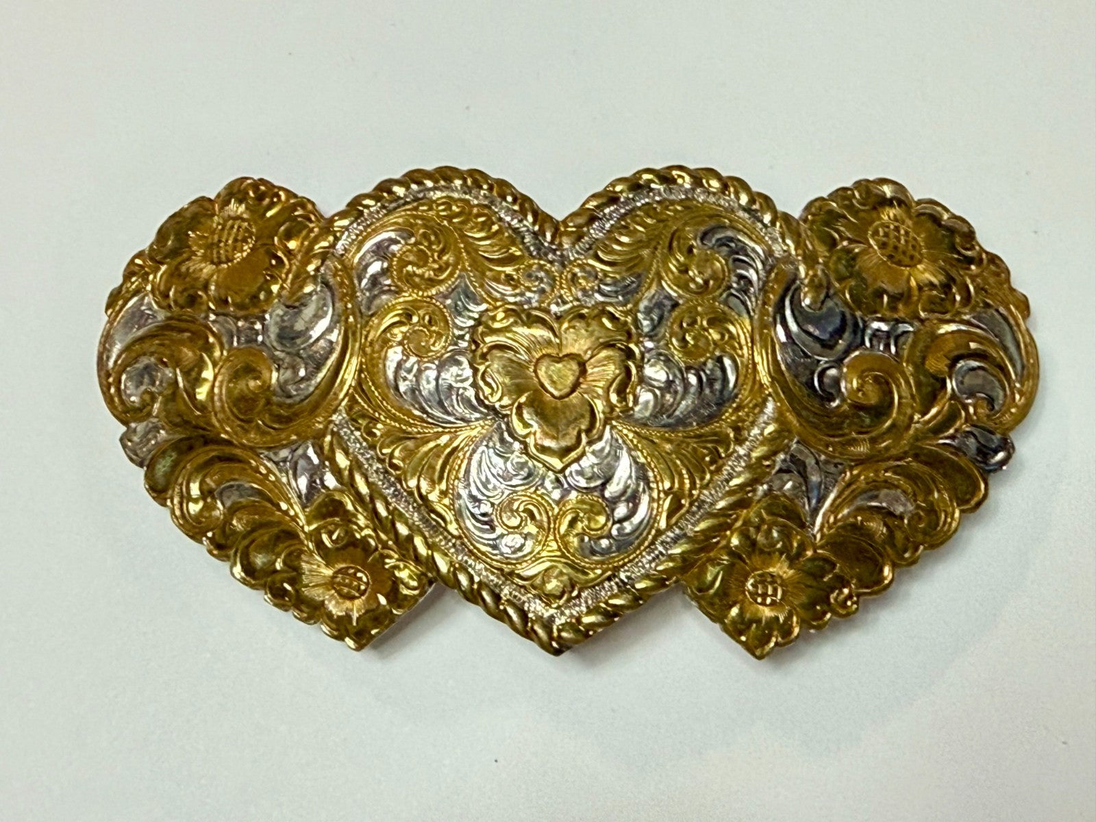 Triple Heart Shaped Heavy Silver Plate on Jewelers' Bronze Crumrine Belt Buckle