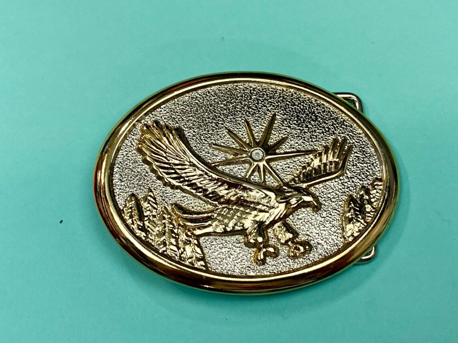 Vintage Eagle Flying Over Mountains W/ Sunburst two tone oval belt buckle