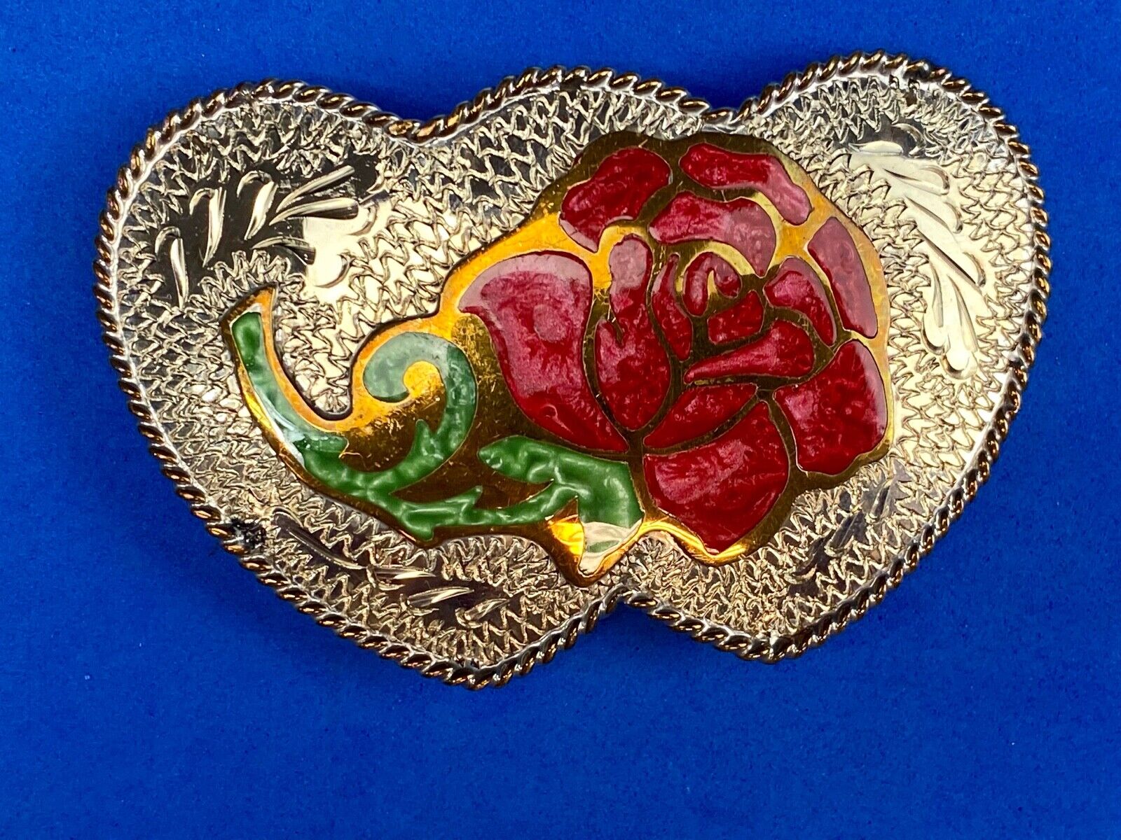 Beautiful J. TEDDER  signed three HEART's and rose western belt buckle 
