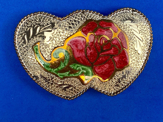 Beautiful J. TEDDER  signed three HEART's and rose western belt buckle 