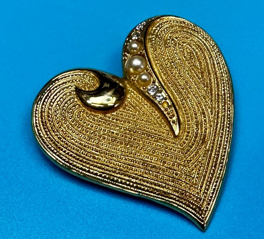 Textured Heart Rhinestones Pearl Brooch by Venue USA - Pin Missing Rhinestone