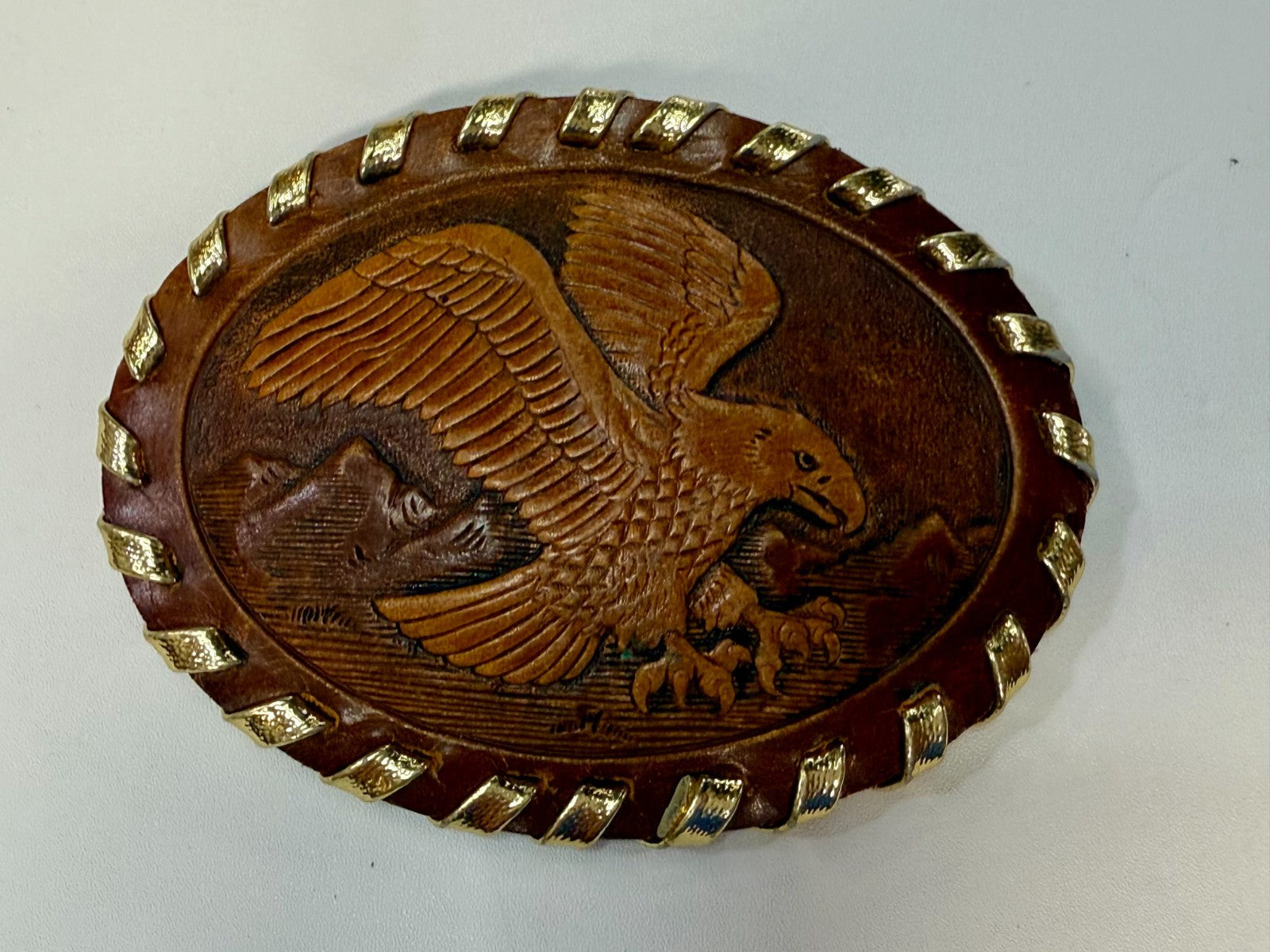 American Bald Eagle Flying Over the Mountain Embossed on Leather Belt Buckle