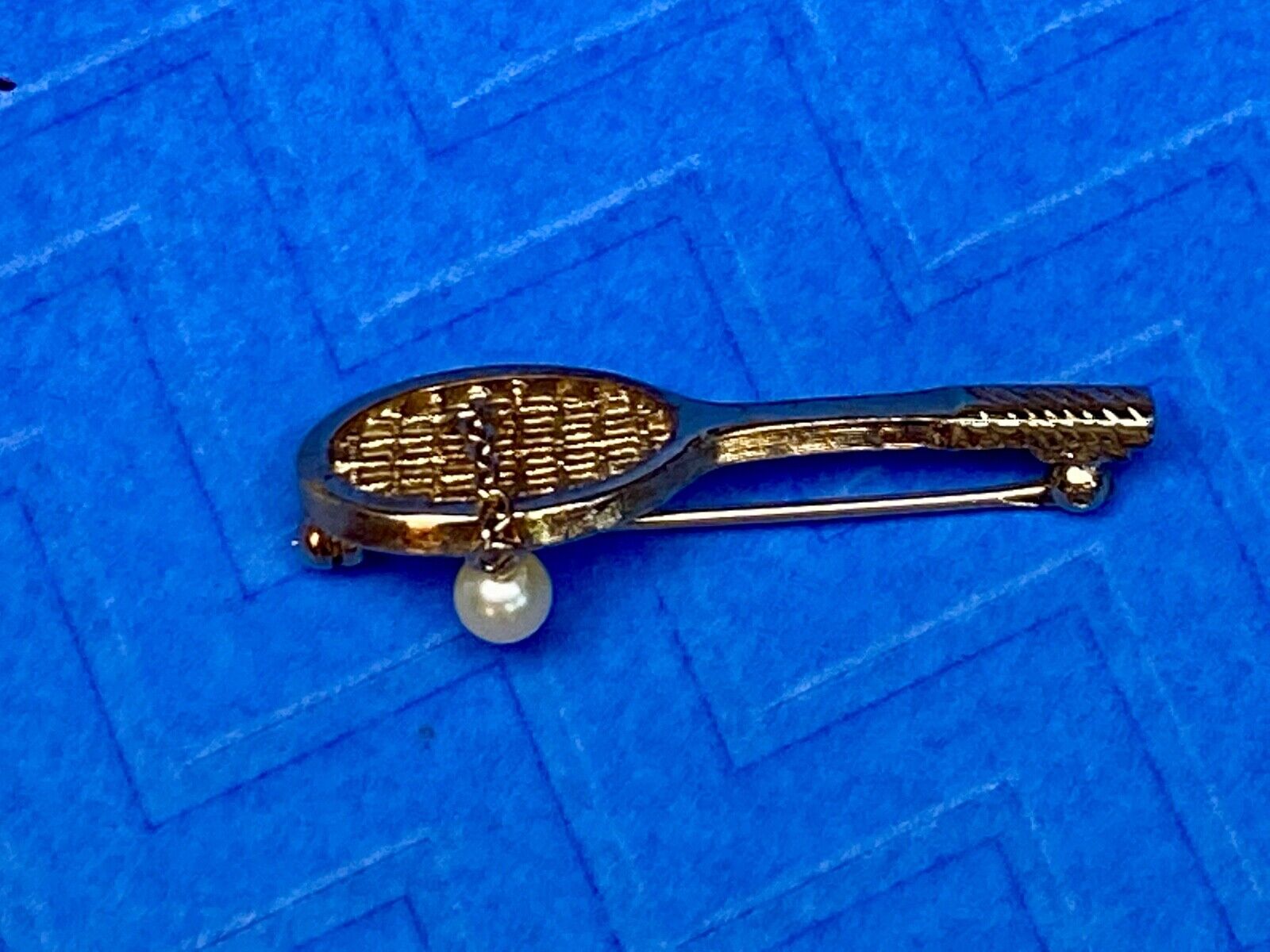 Vintage Avon Jewelry Goldtone Tennis Racquet Brooch Faux Pearl Ball, 1 3/4" long