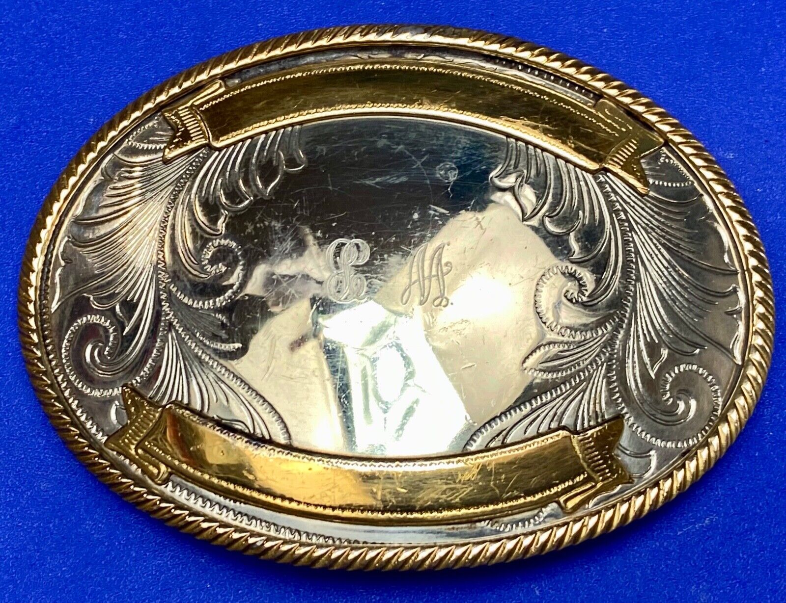 Vintage German Silver two tone rodeo award trophy style engraved belt buckle
