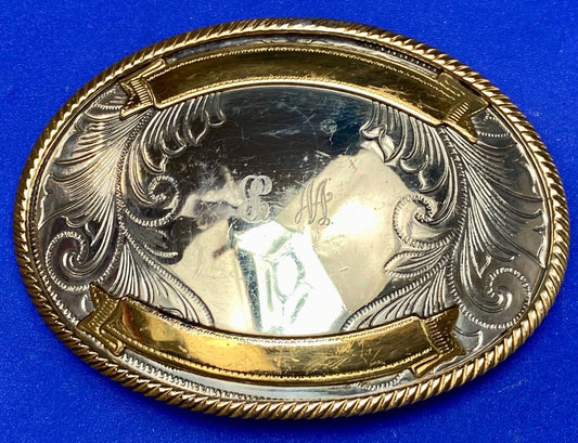 Vintage German Silver two tone rodeo award trophy style engraved belt buckle