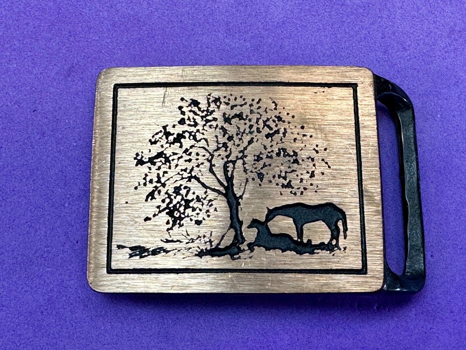 Two Horses Hippy Style 70's Horse at Tree Tech Ether Guild  belt buckle