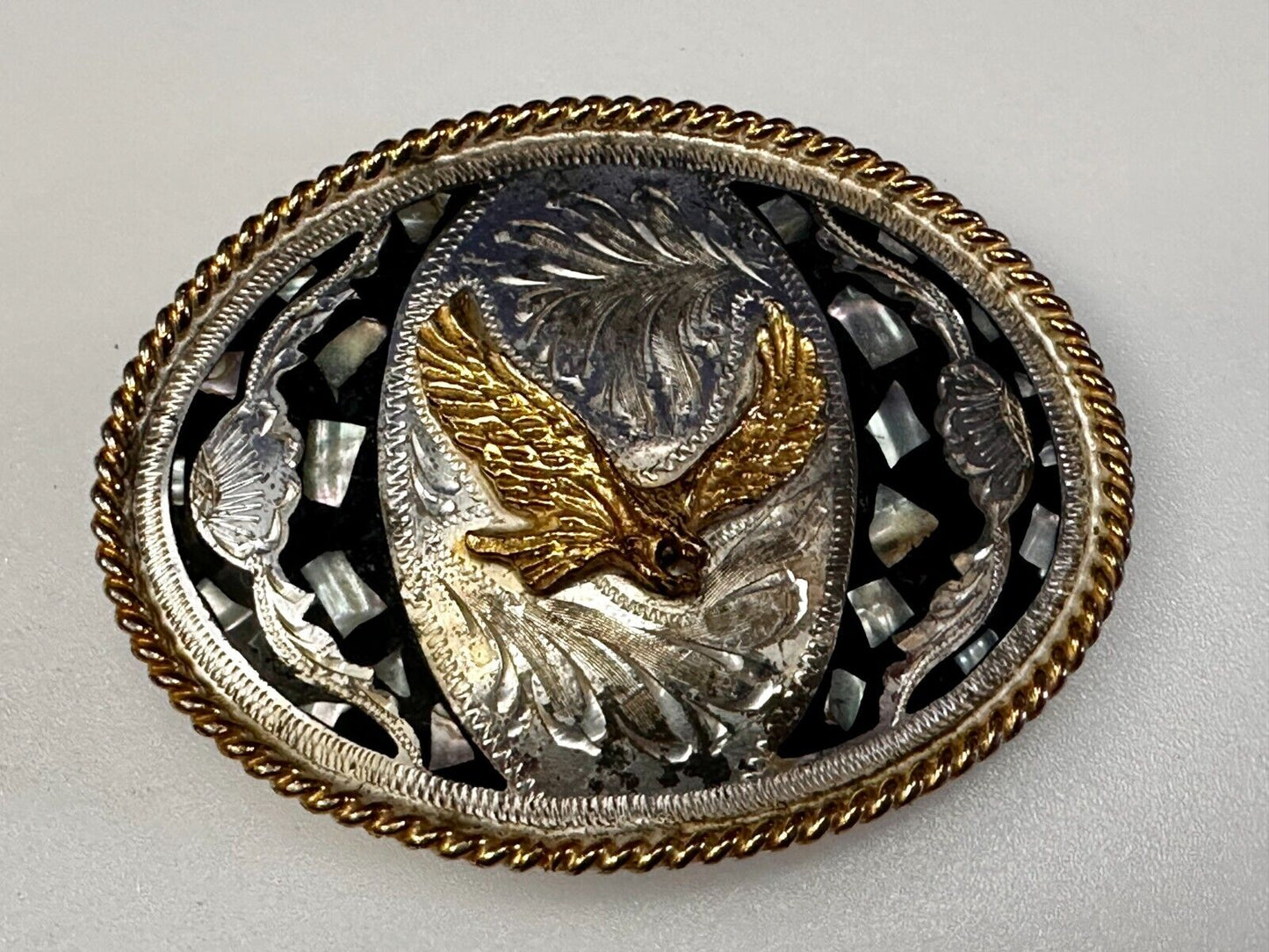 American Flying Hunting Eagle Abalone Shell Chunks Alpaca Mexico Belt Buckle