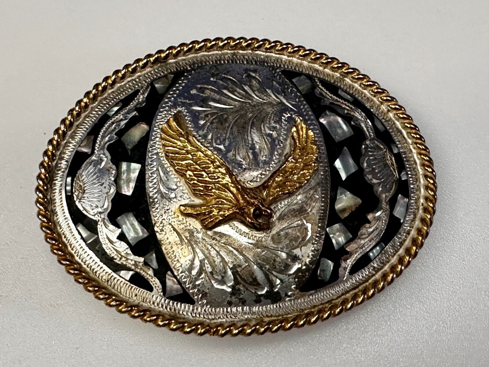 American Flying Hunting Eagle Abalone Shell Chunks Alpaca Mexico Belt Buckle