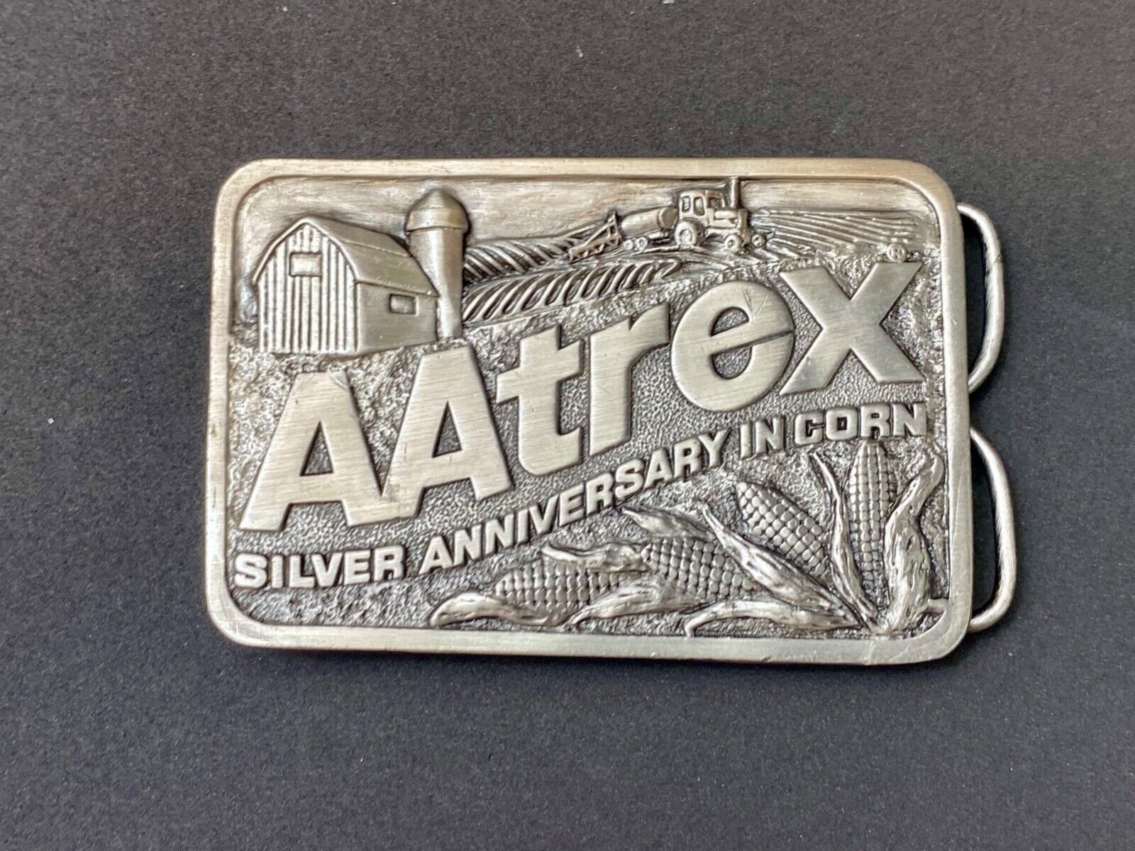AAtrex Silver Anniversary Farm Tractor Barn Corn Farmer Belt Buckle