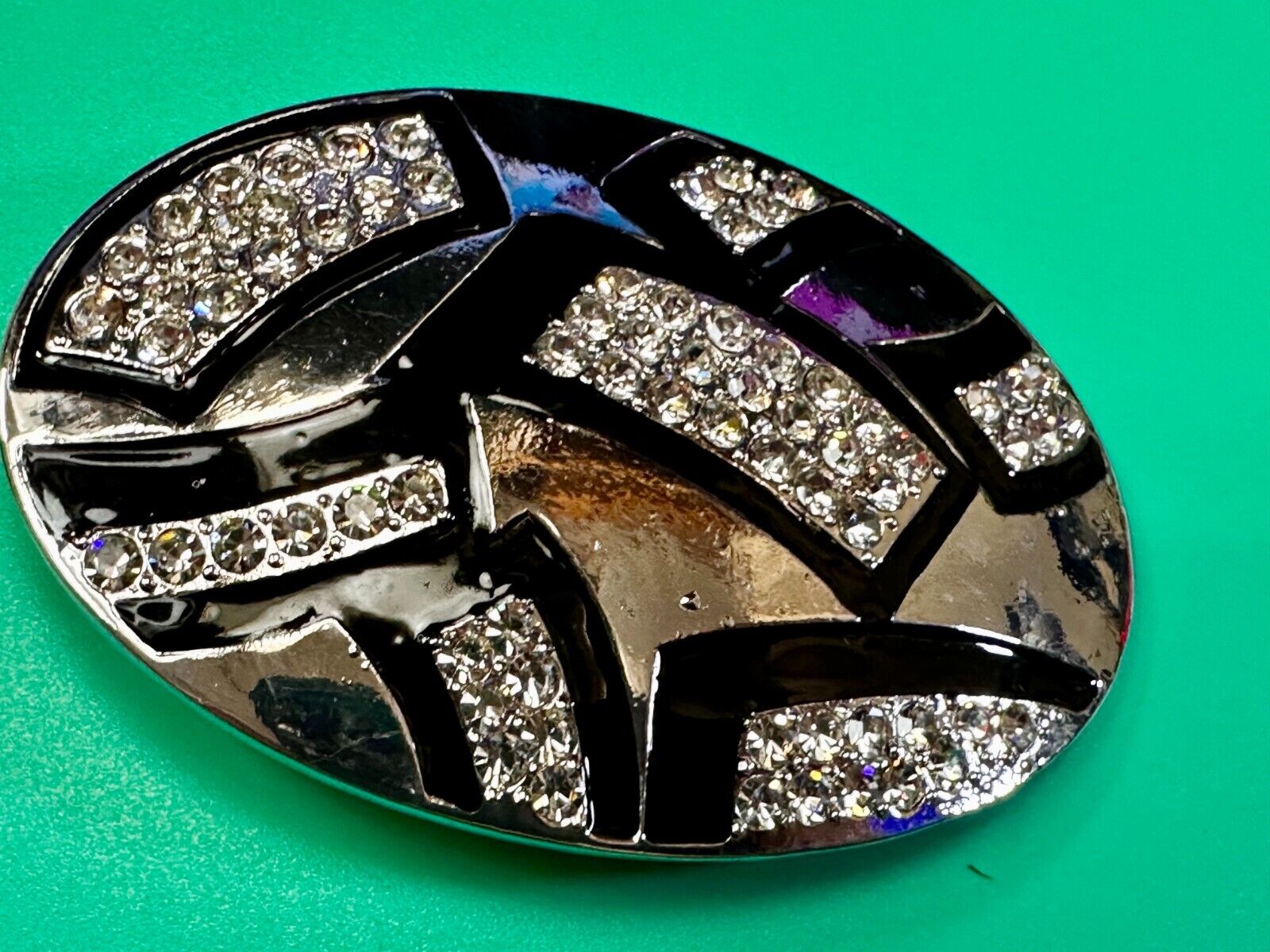 Unique Rhinestone Accented Black & Silver Tone Women's Oval Belt Buckle