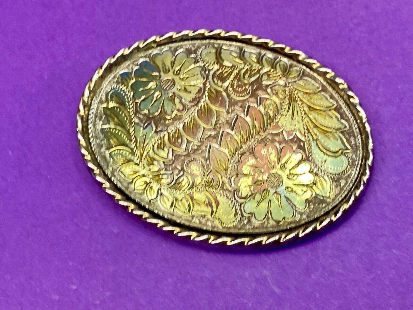 Vintage Etched? Mixed Metal Western flower oval belt buckle marked W 