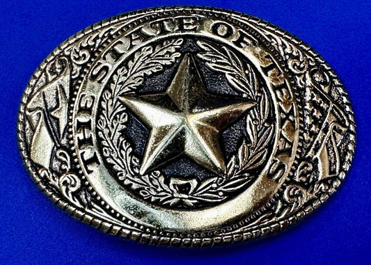 The Great State of Texas Star & Flag western USA made Gold & Black Belt Buckle