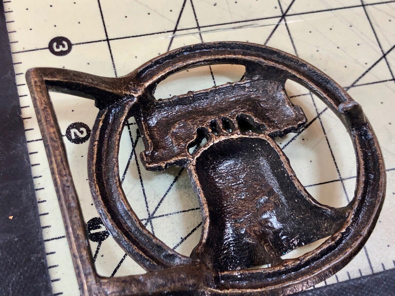 Vintage Figural Cut out Round Skeleton Liberty Bell Belt Buckle 