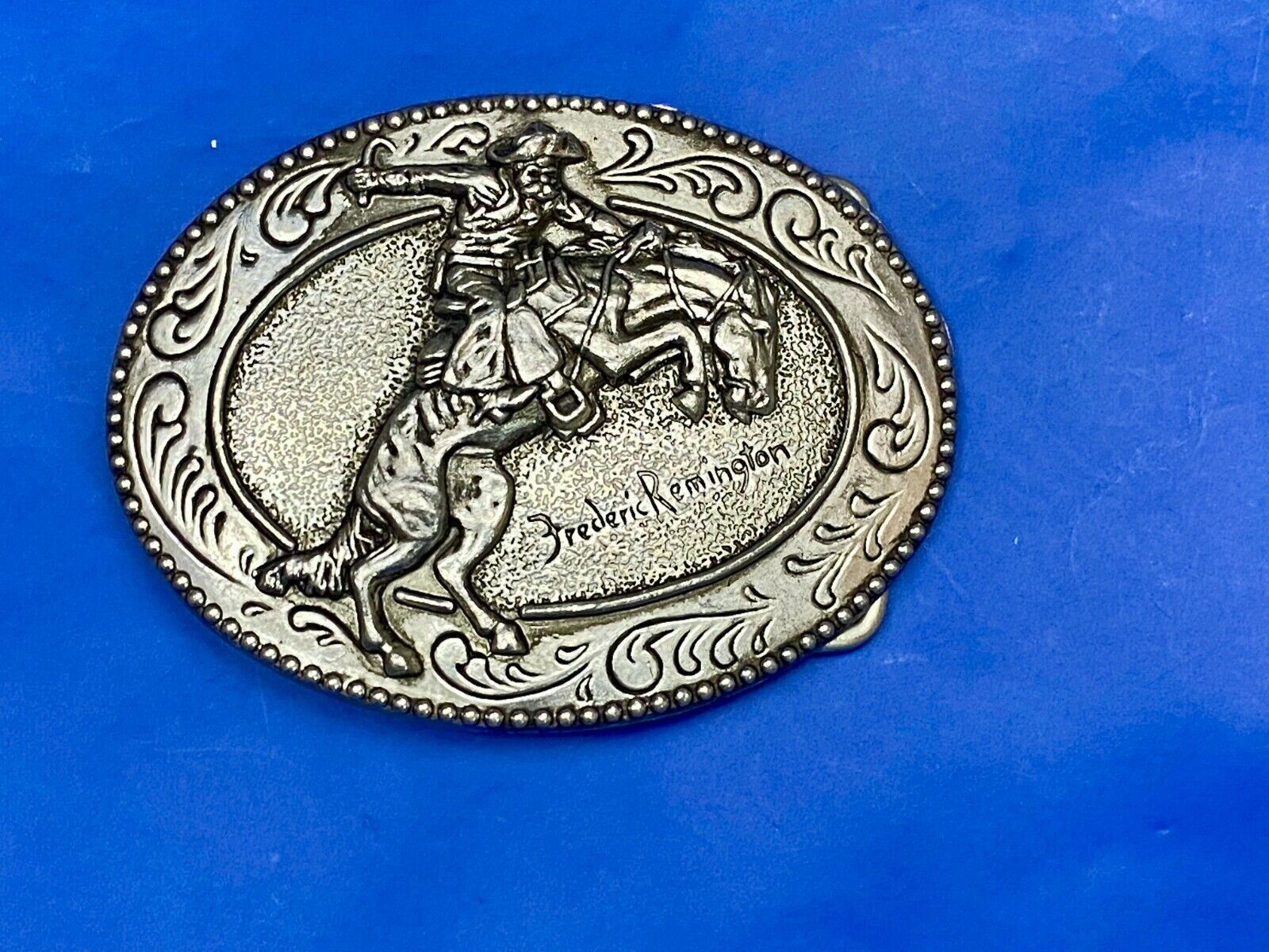 An Indian Trapper Frederick Remington Cowboy Horse Vintage Belt Buckle
