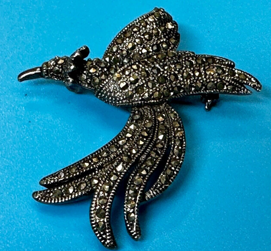 Beautiful Marcasite Flying Bird Brooch Pin Vintage Signed by Roman