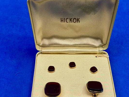 Vintage Hickok Large Pair Of Gold Tone - Black Face Cufflinks In Case 