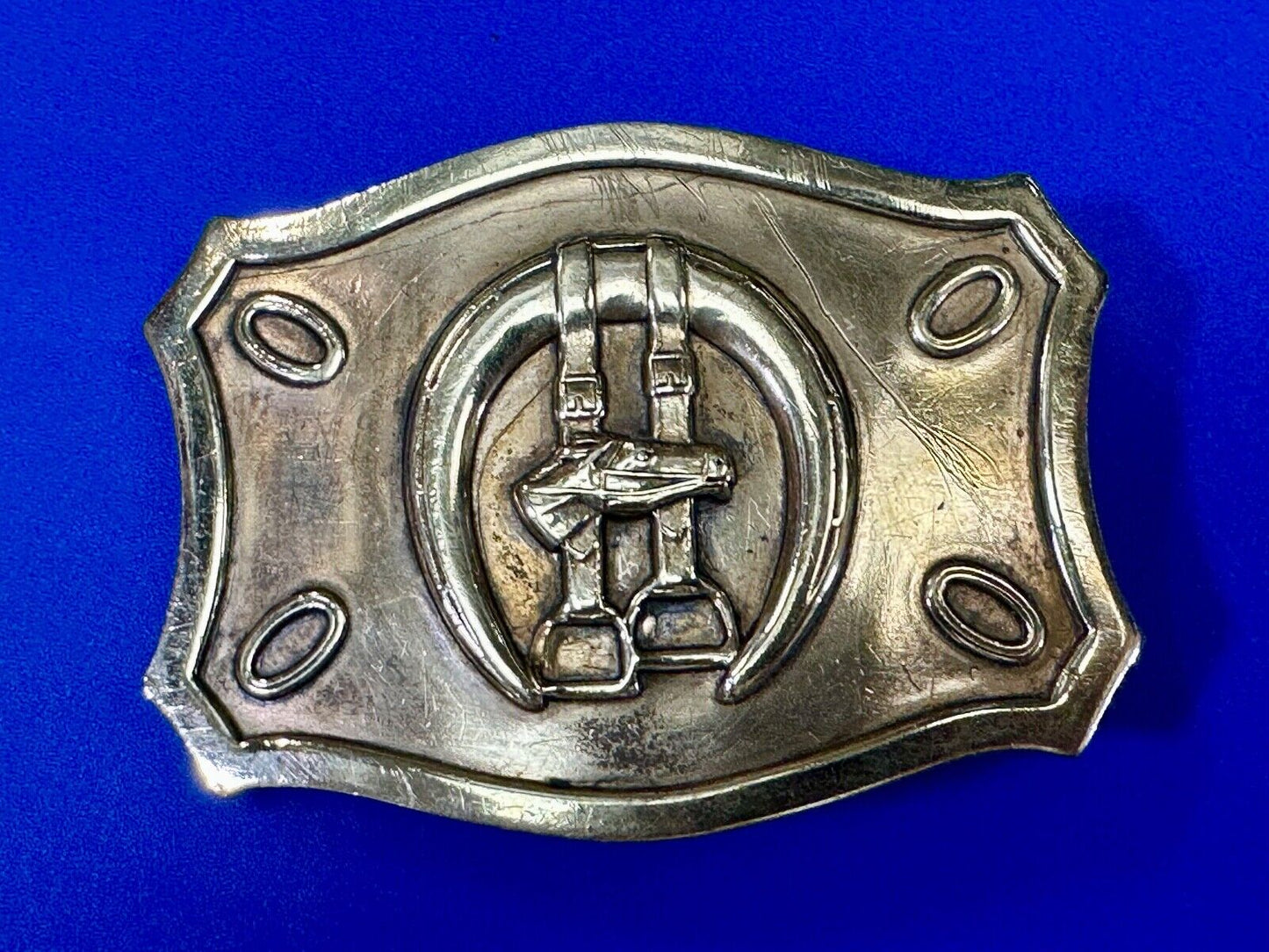 Vintage horse, head &  stirrups western lucky horseshoe belt buckle