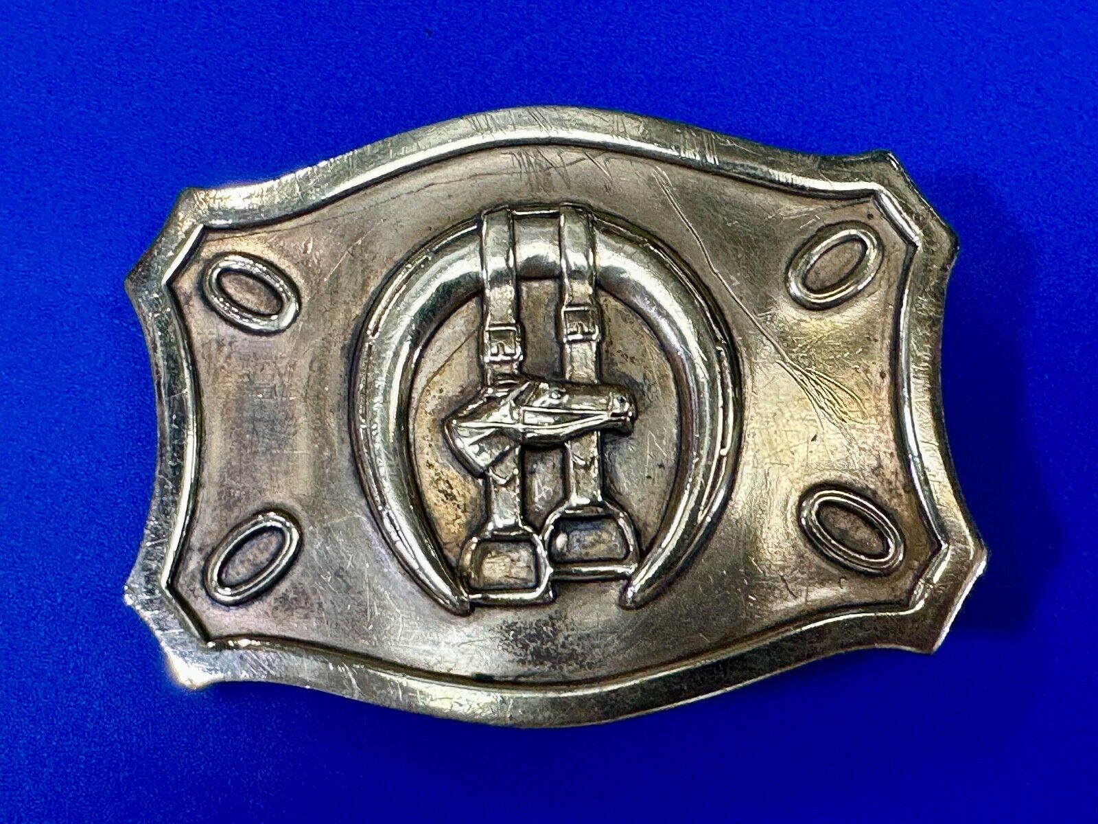 Vintage horse, head &  stirrups western lucky horseshoe belt buckle