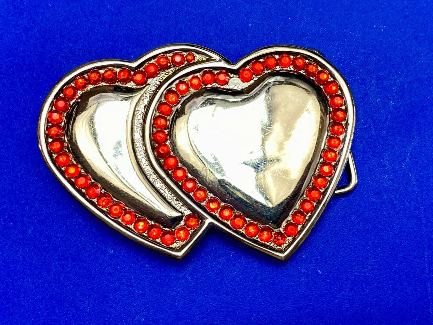 Two Jeweled Hearts Red Rhinestone outlining silver tone cutout belt buckle