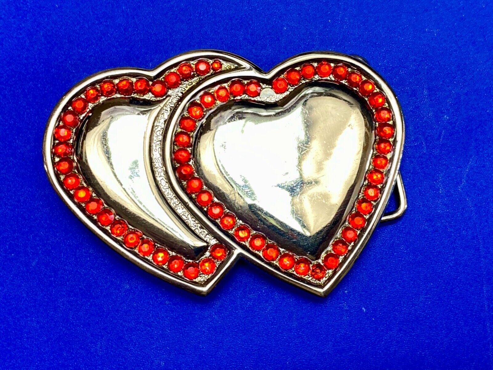 Two Jeweled Hearts Red Rhinestone outlining silver tone cutout belt buckle