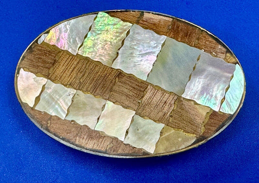Abalone Shell and wood squares in Vintage oval belt buckle - See Hallmark!
