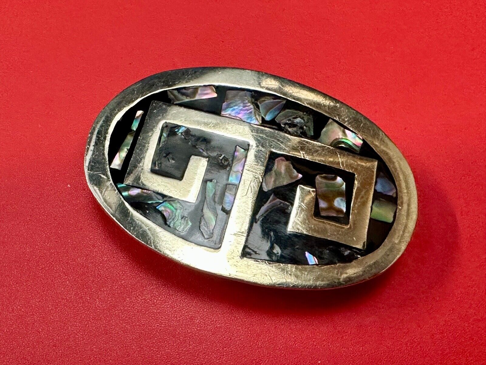 Vintage Alpaca  Mexico Silver Tone Abalone Shell Pattern Oval belt buckle