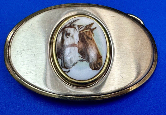 Two horse head picture in oval smooth gold tone Vintage Belt Buckle