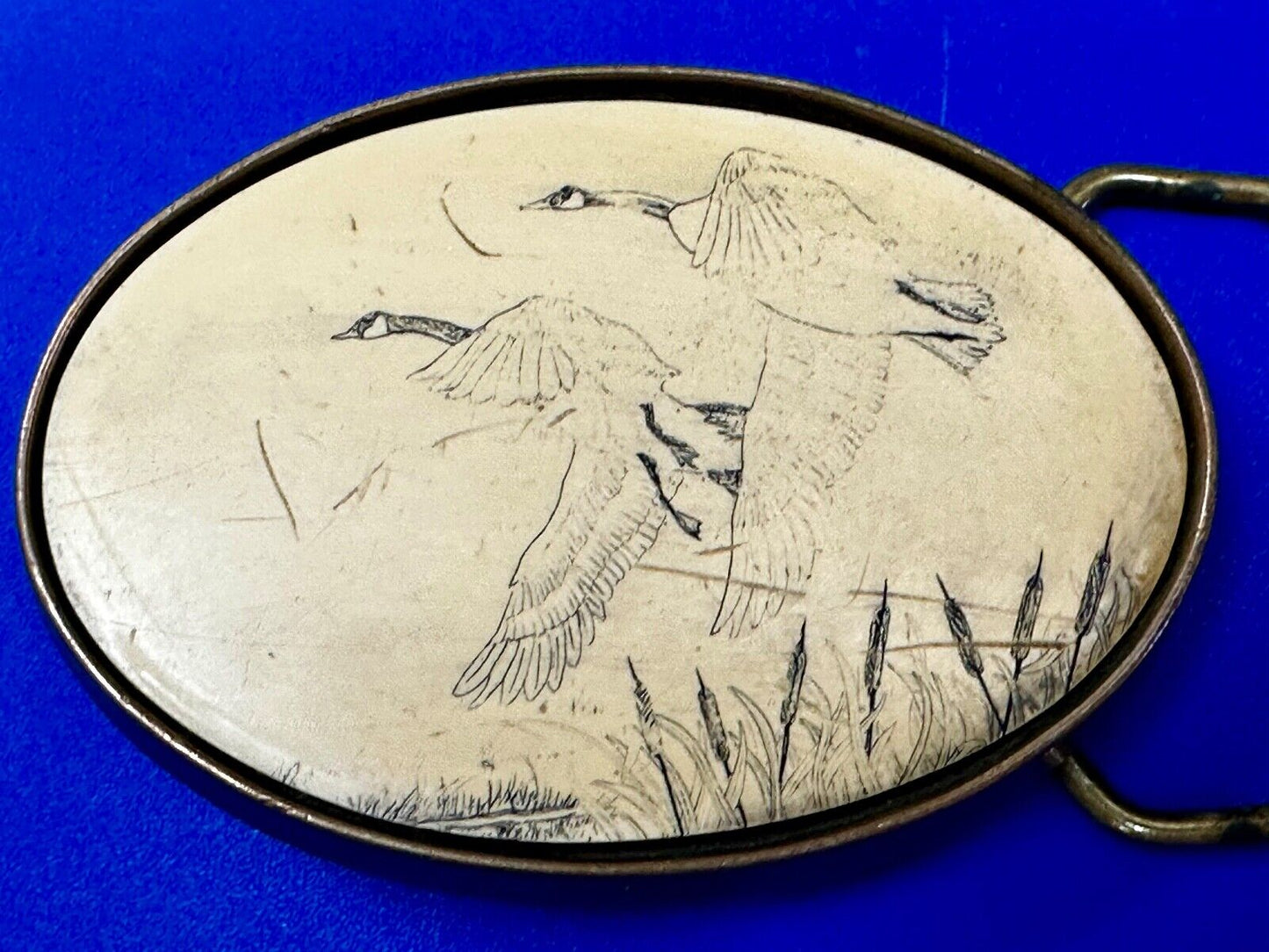 Two flying Ducks - Faux Scrimshaw Drawing Style Vintage Belt Buckle by Barlow