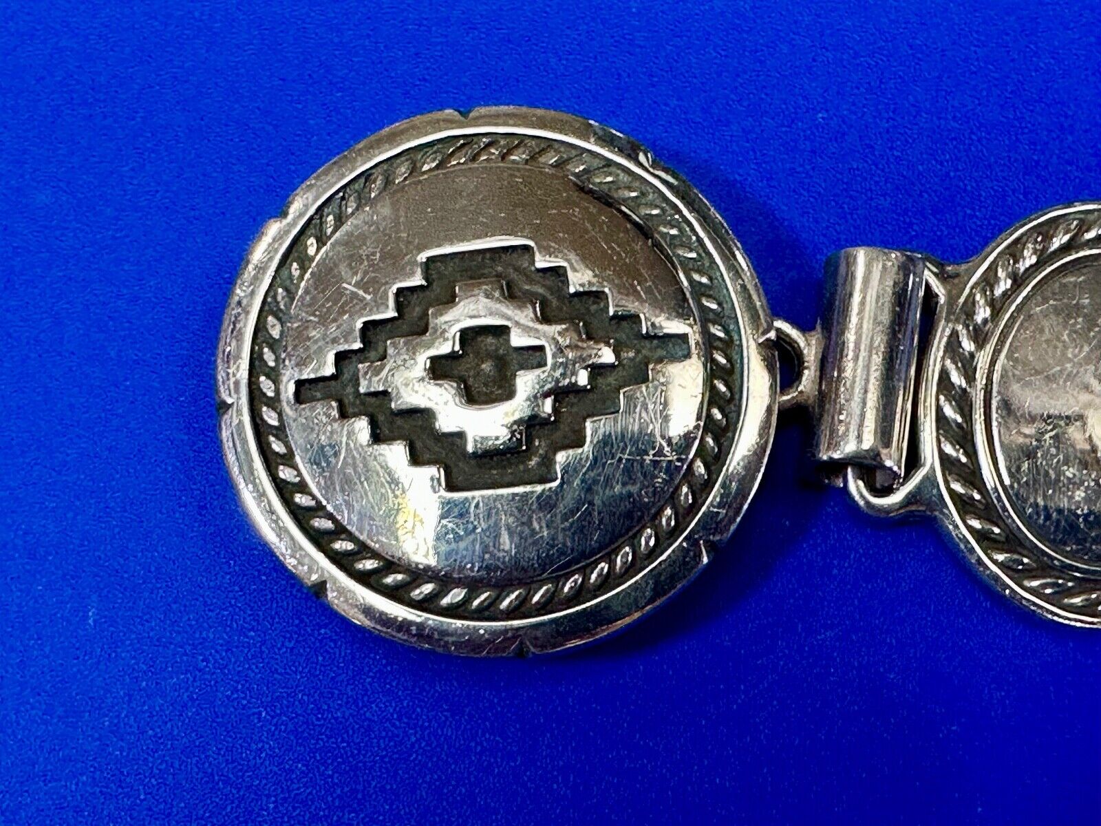 Antique 900 Silver three piece 5" wide southwest concho pattern belt buckle
