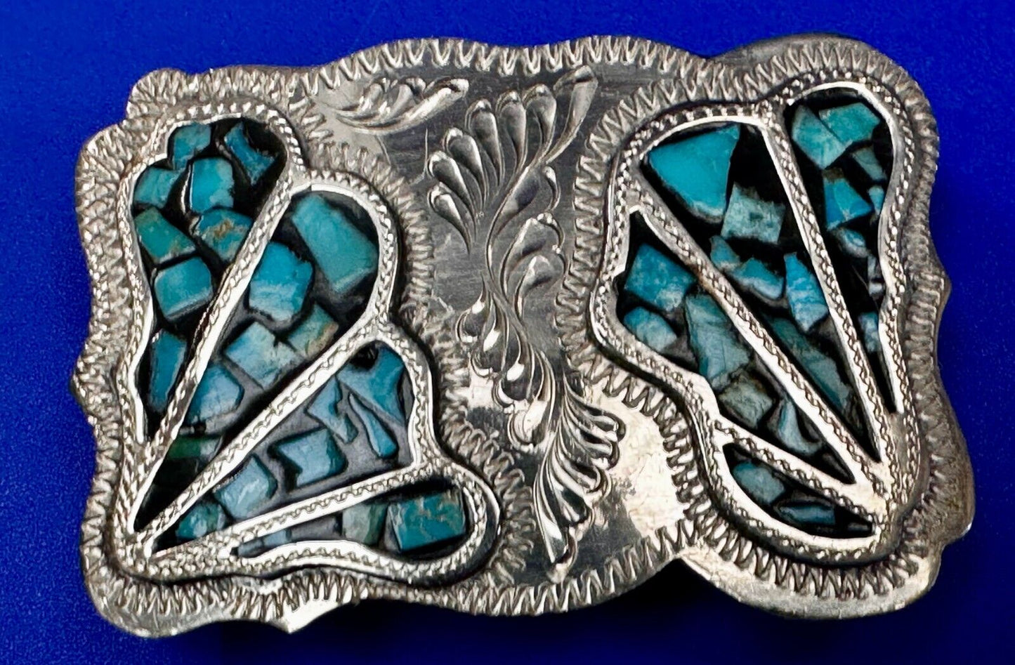 Turquoise Coral Stone Chip Inlay Hand Made Wil-Aren Western Jewelry Belt Buckle