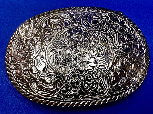Vintage Floral Theme Oval Silver Tone Western Ornate Flower Swirl Belt Buckle