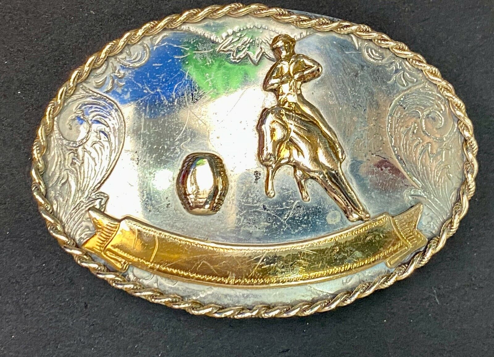 Vintage German Silver Horse Barrel Racing Western Two Tone Belt Buckle W/ Scroll