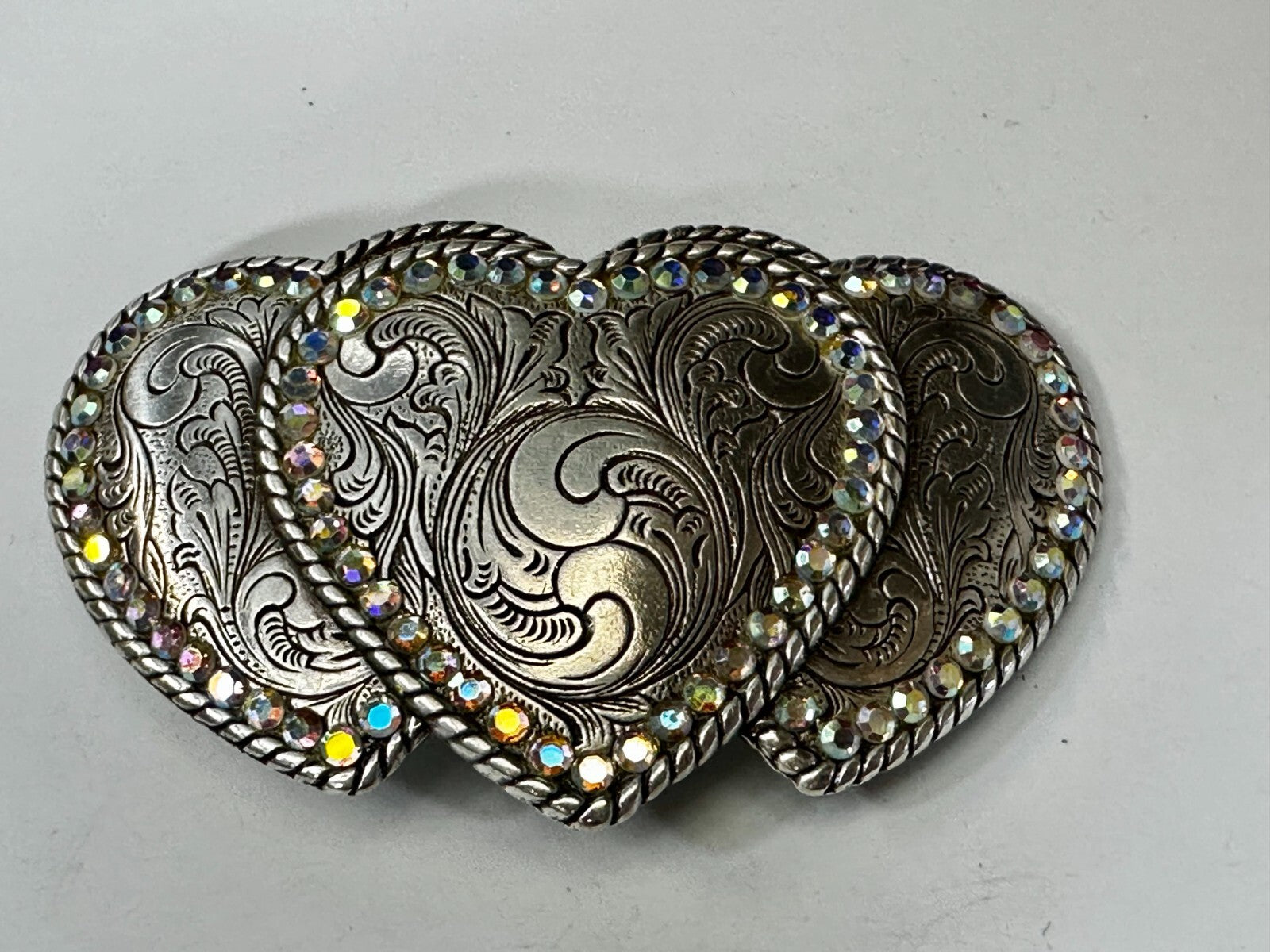 Triple Heart Shaped Flower Swirl Pattern with Rhinestone Border Belt Buckle