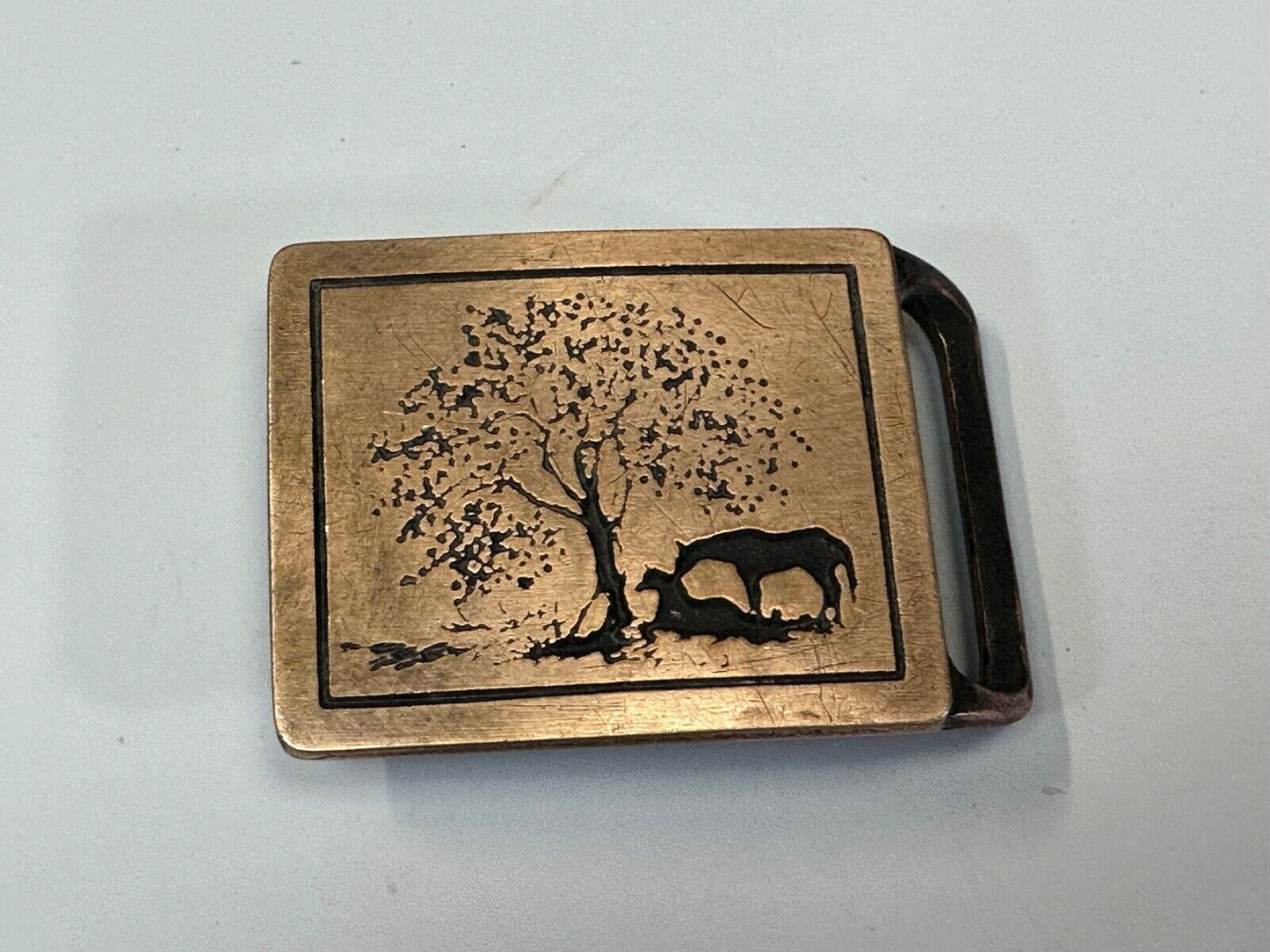 TWO HORSES - under tree  TECH-ETHER GUILD ART Hippy  solid brass belt buckle