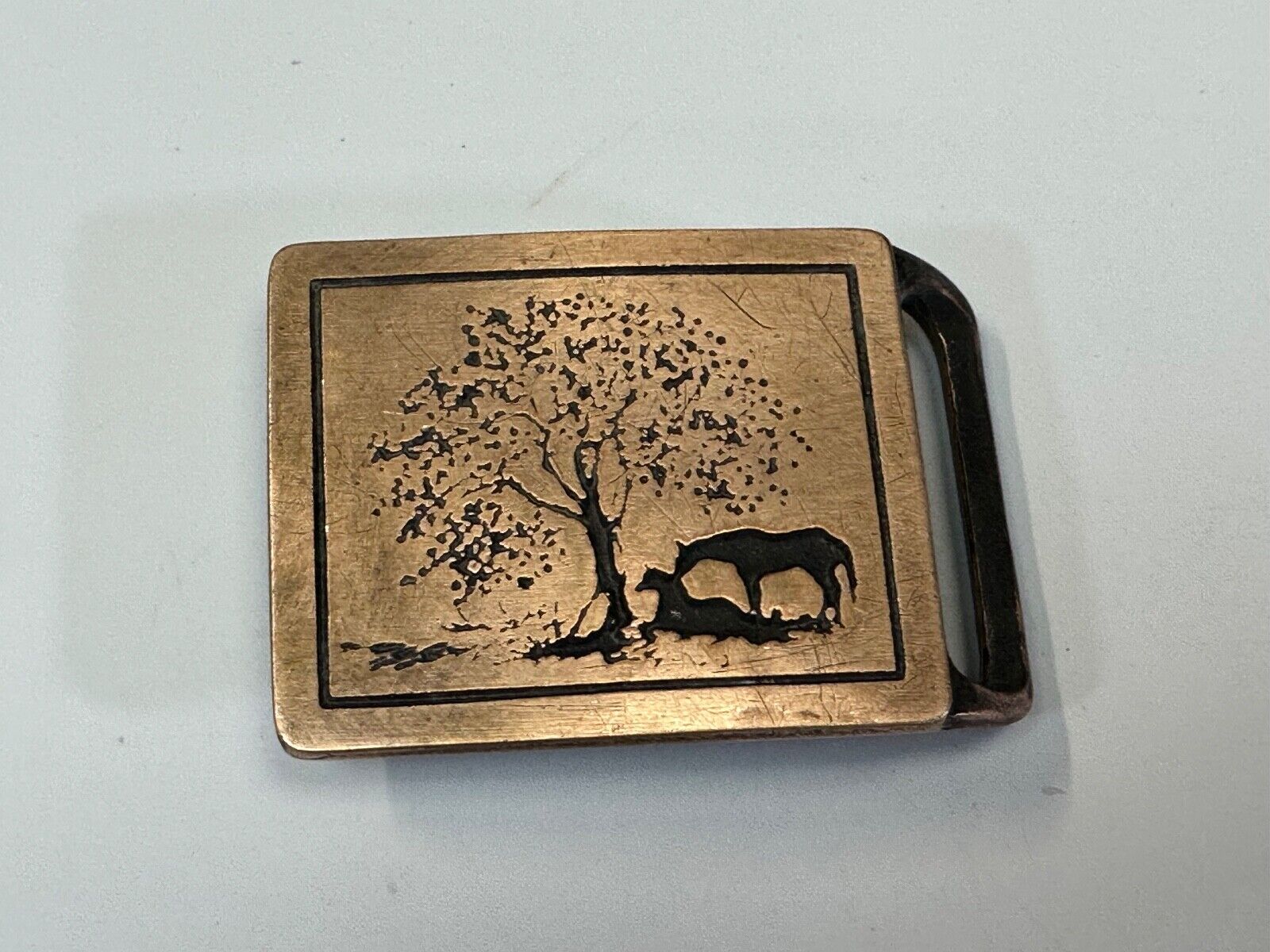 TWO HORSES - under tree  TECH-ETHER GUILD ART Hippy  solid brass belt buckle