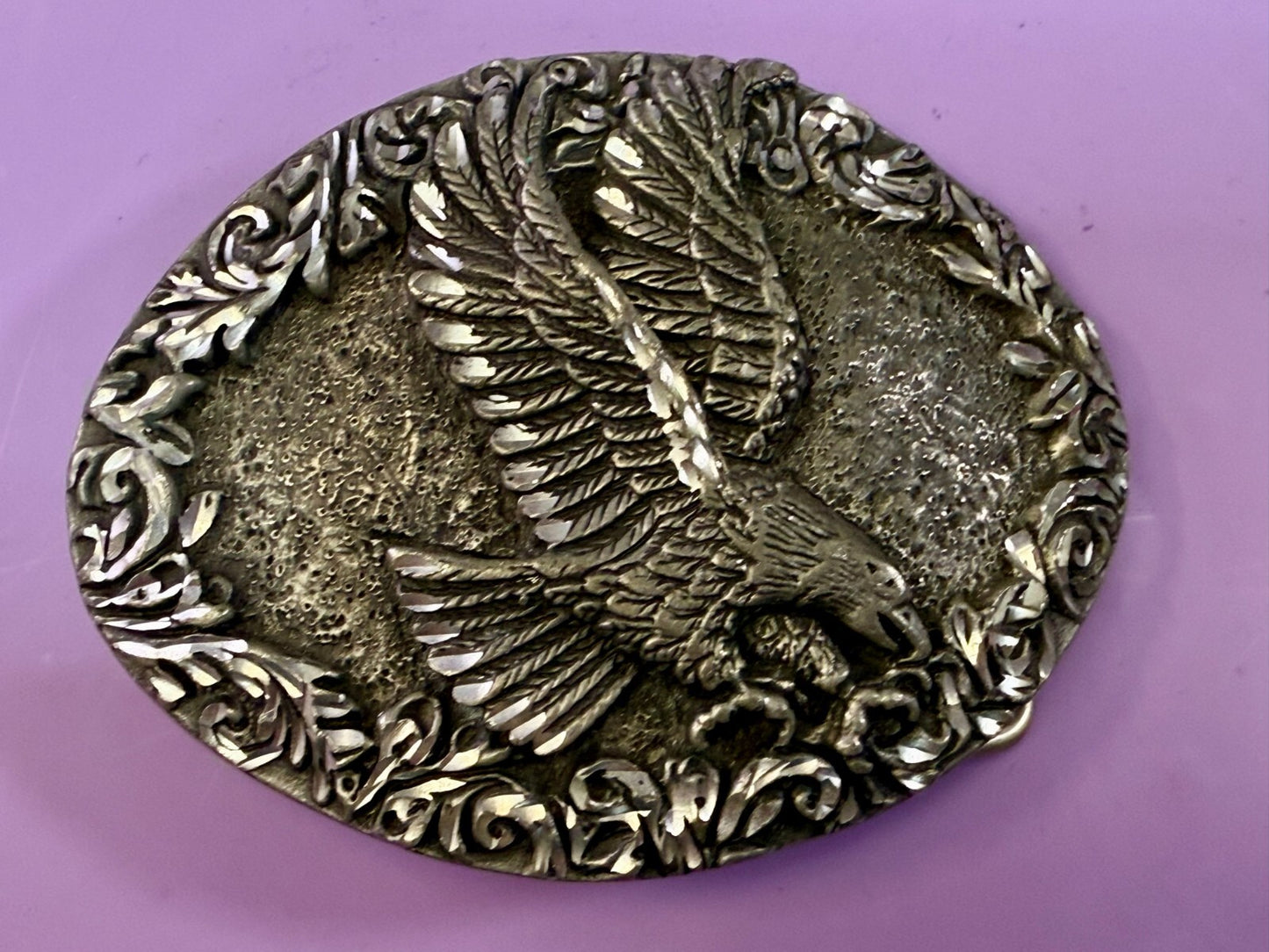 3D Flying American Bald Eagle Swirl Ornate Border Carved 1993 EGE Belt Buckle