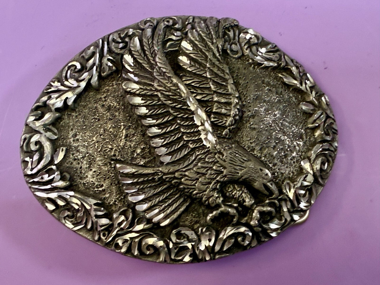 3D Flying American Bald Eagle Swirl Ornate Border Carved 1993 EGE Belt Buckle