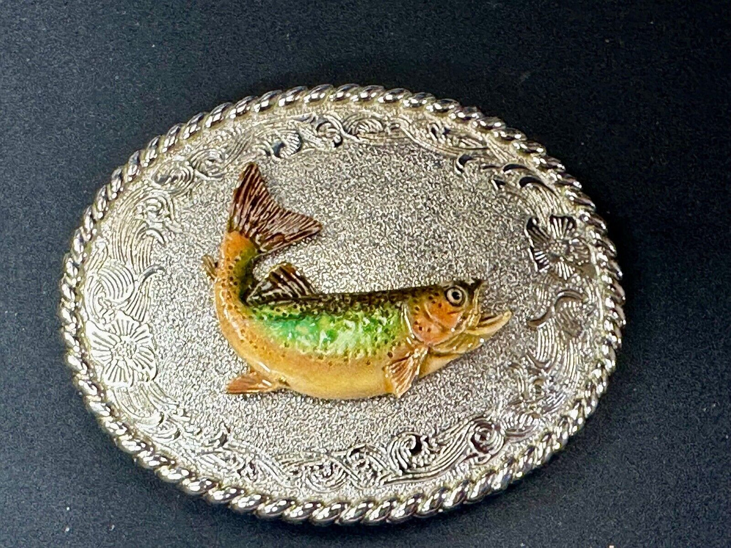 Trout Fish Fisherman Gift Vintage 1978 Oval Belt Buckle by Rain Tree