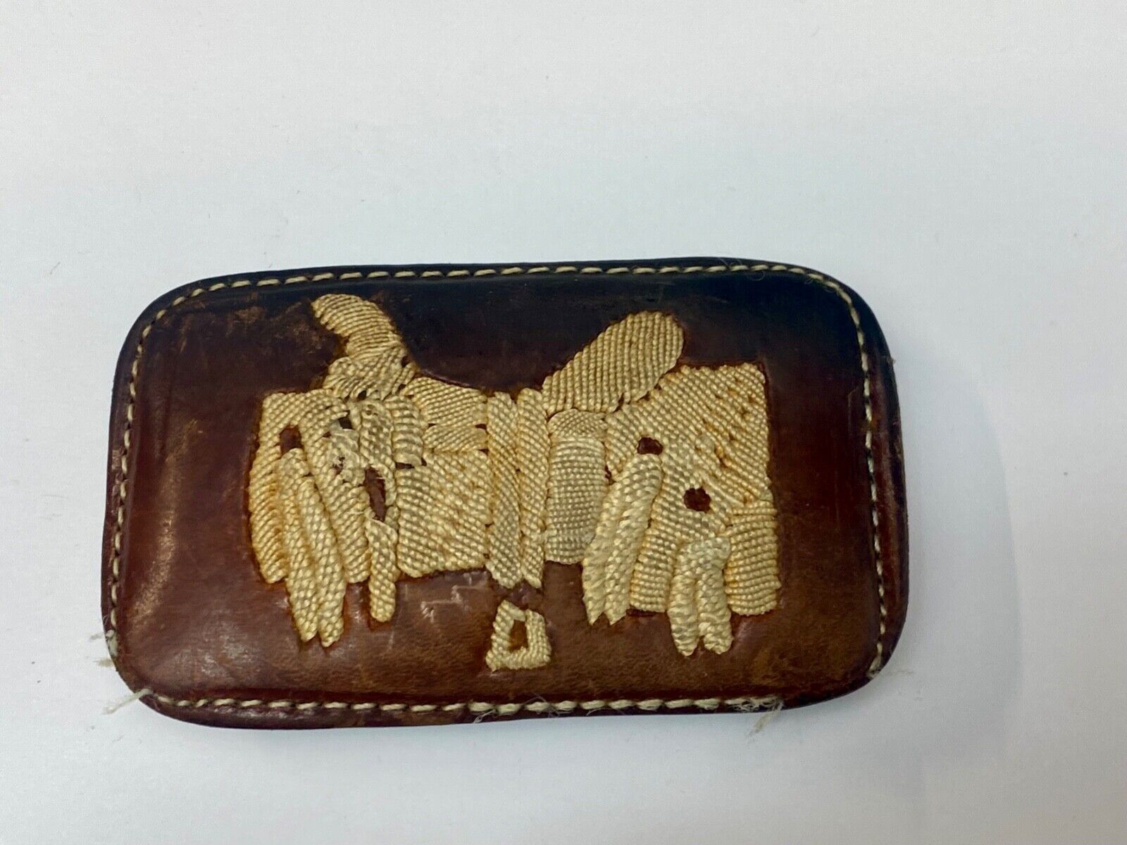 Vintage leather stitched horse saddler belt buckle signed Tres Ranchitas