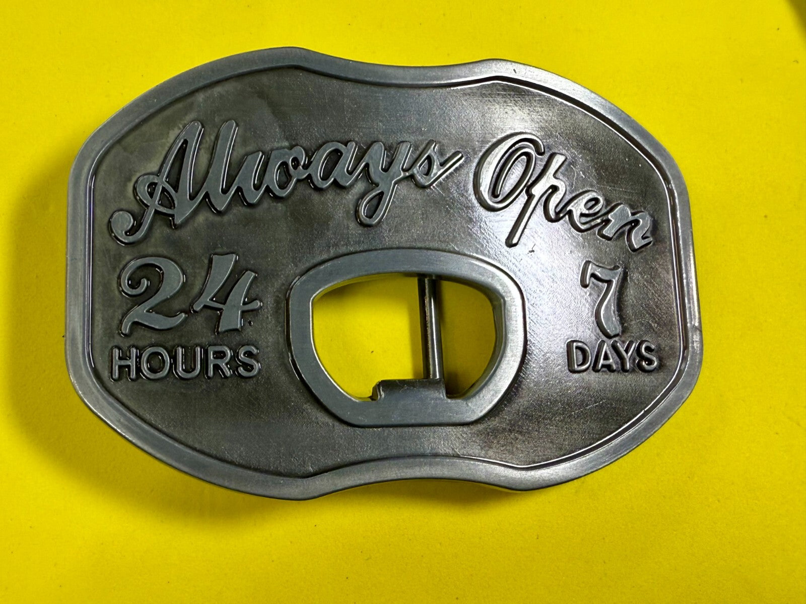 Always Open 24 / 7 Belt Buckle and Bottle Opener - Perfect Bar Pickup Line!