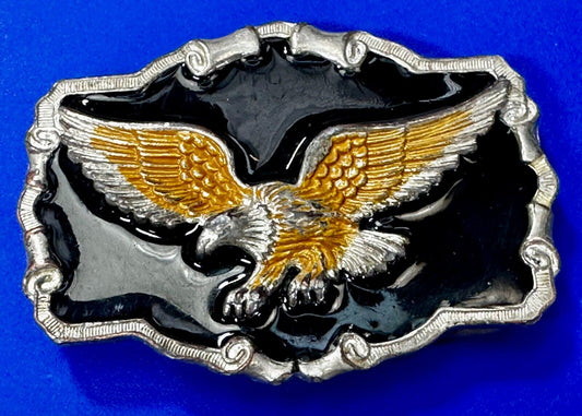 American Flying Bald Eagle Black & Gold Enamel Western Style Belt Buckle