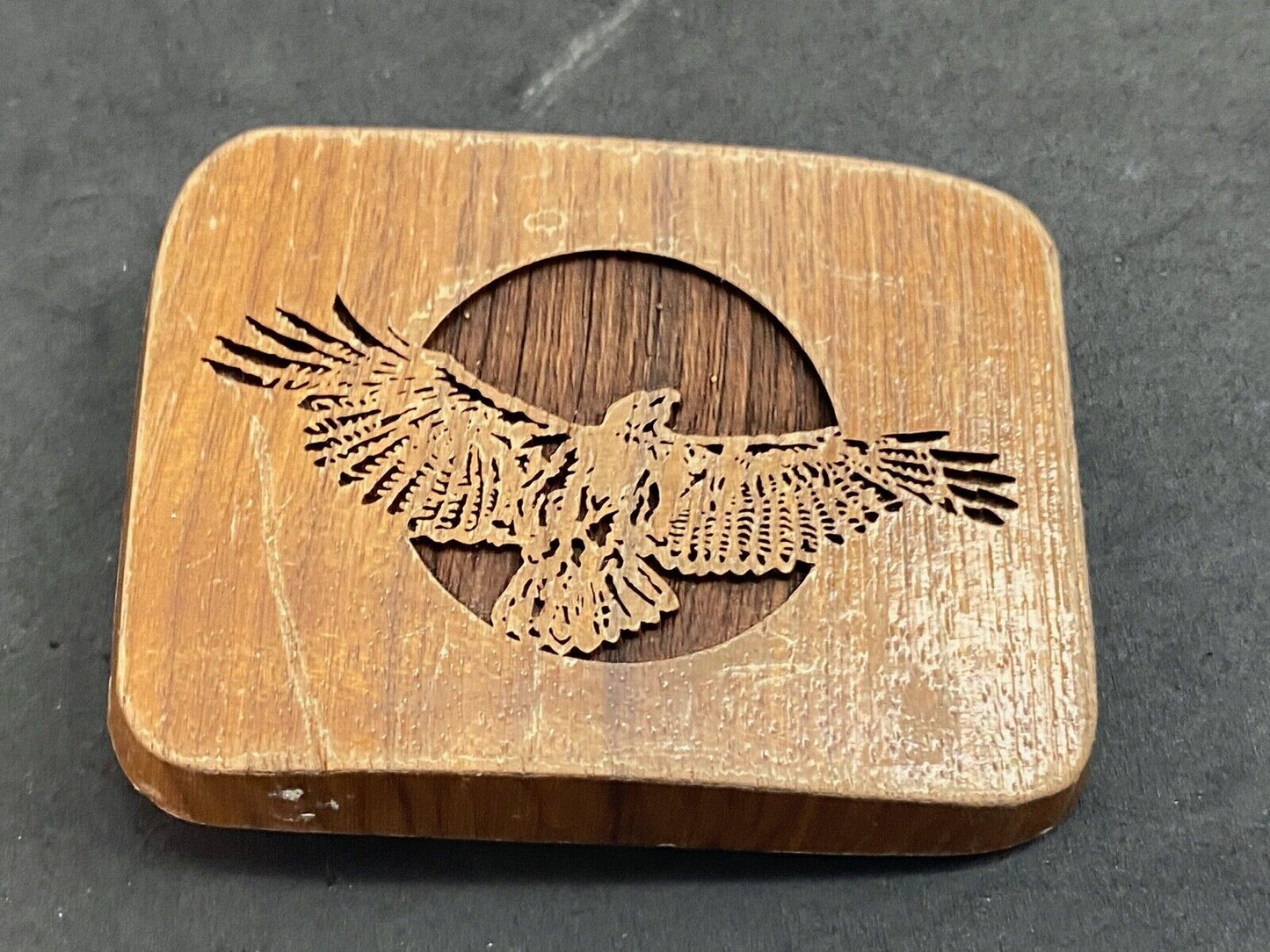 Vintage LASERCRAFT wooden belt buckle - The American Bald Eagle - Flying Wings 