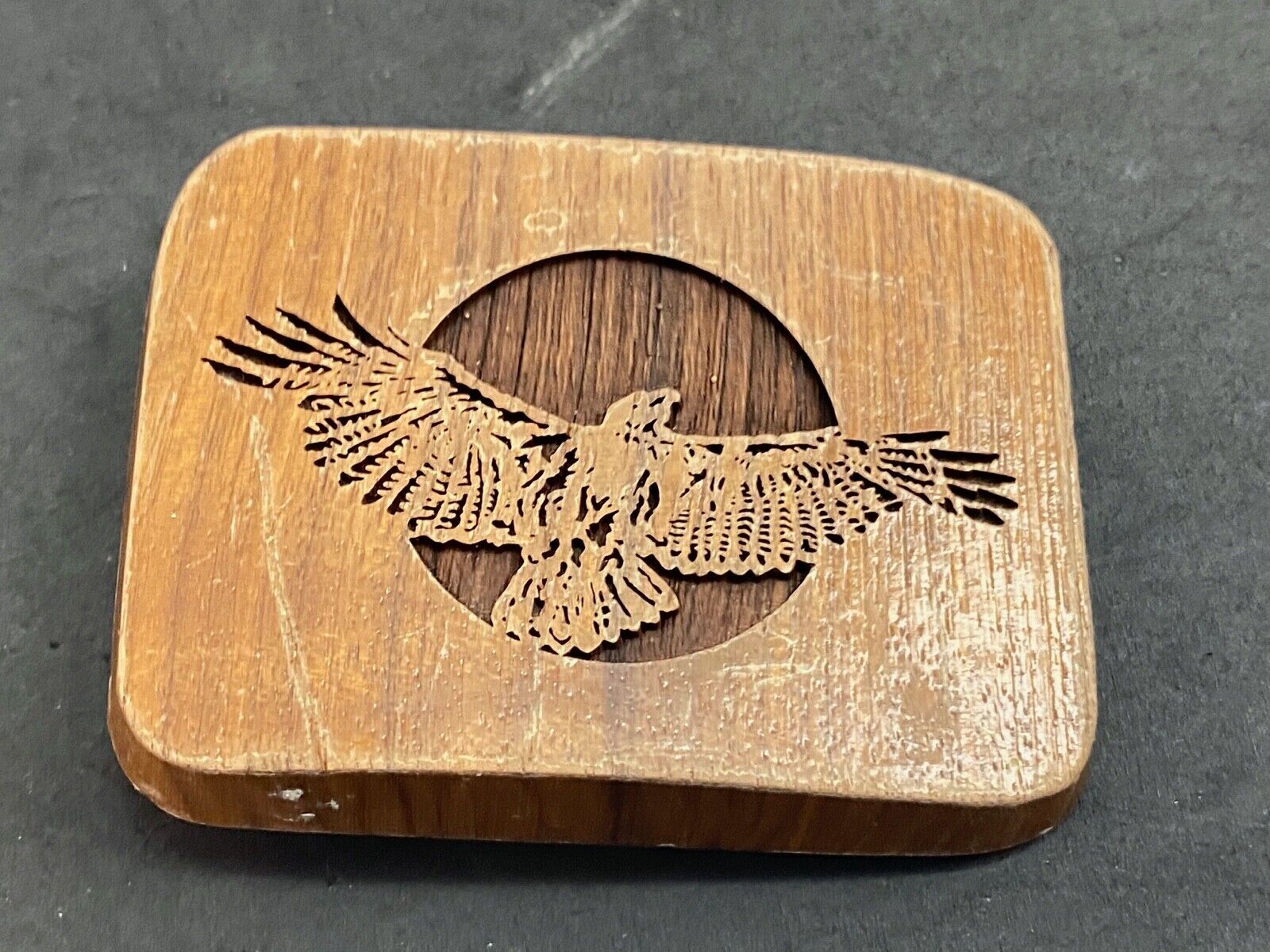 Vintage LASERCRAFT wooden belt buckle - The American Bald Eagle - Flying Wings 