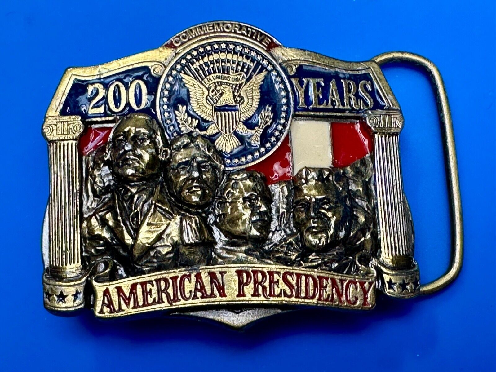 American Presidency Belt Buckle Vintage 200 Years Mount Rushmore Commemorative