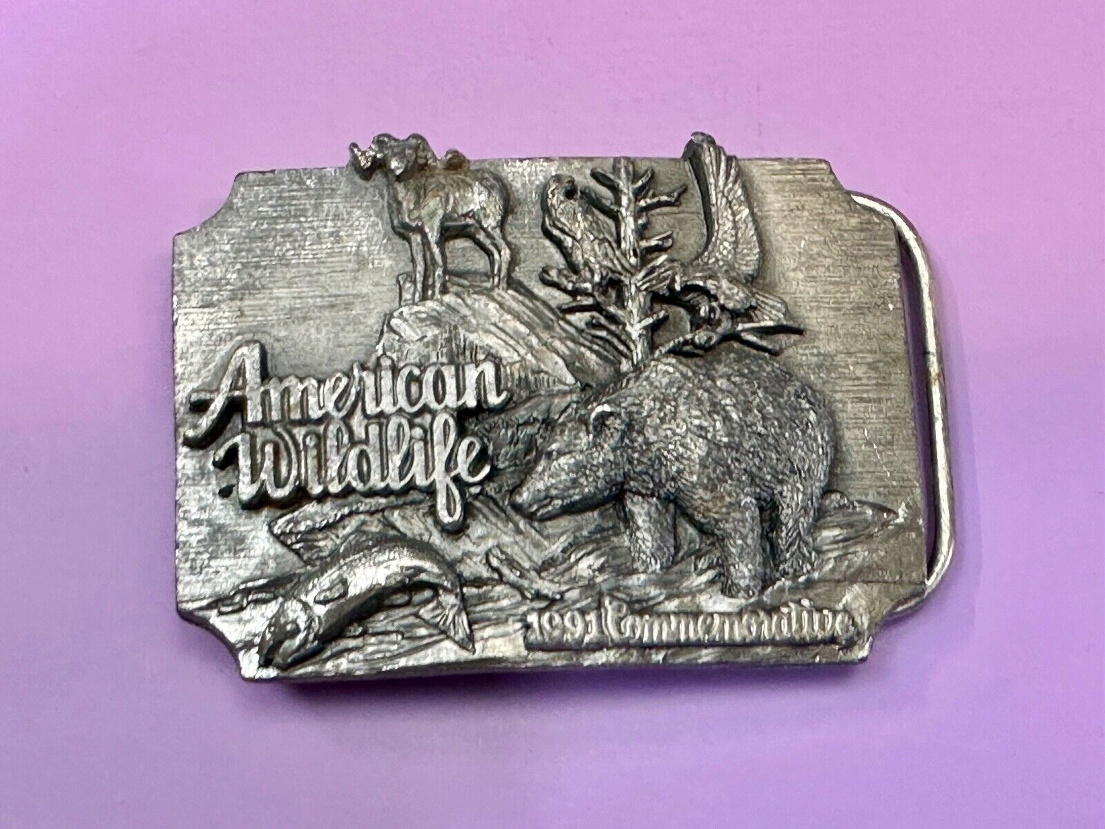 Alaska Wildlife Vintage 1991 Commemorative Pewter Belt Buckle