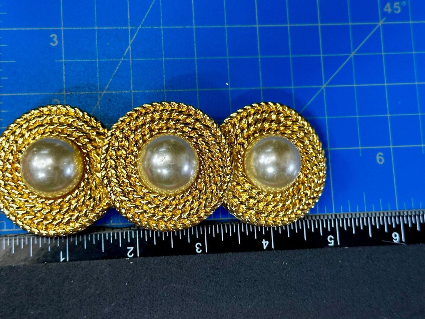 Three Round Faux Pearl's HUGE Statement Large Gold Tone Vintage Belt Buckle