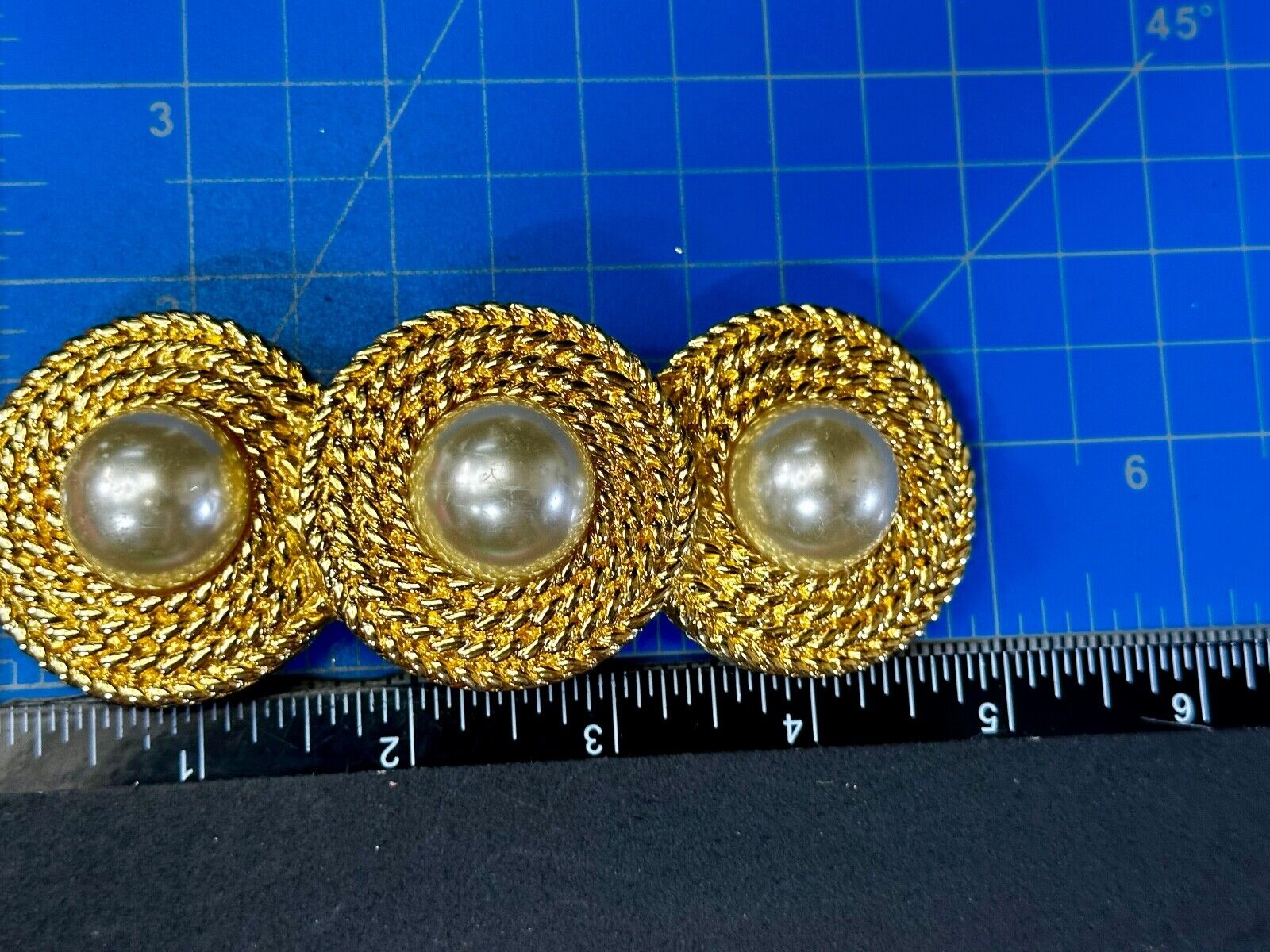 Three Round Faux Pearl's HUGE Statement Large Gold Tone Vintage Belt Buckle